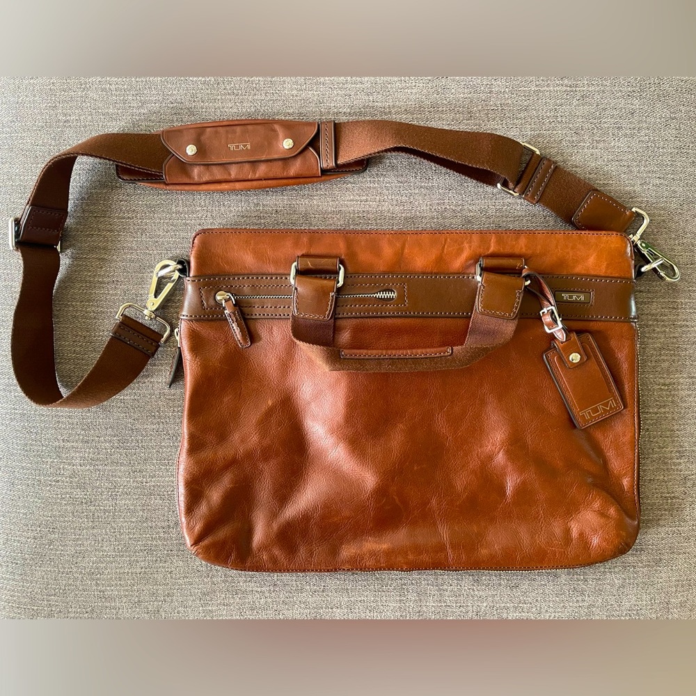 TUMI brown leather laptop briefcase